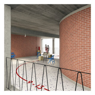 Ein moderner Innenraum mit roten Backsteinwänden, Terrazzoboden mit einer roten Kurve und Zahlen, blauen Stühlen, einem kleinen Tisch und einem Metallgeländer im Vordergrund.