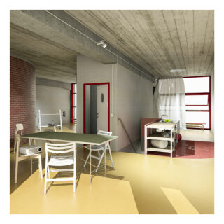 Moderne, minimalistische Küche und Essbereich mit Betondecke, gelbem Boden, weißen Stühlen, grünem Tisch und rotgerahmten Fenstern. Natürliches Licht fällt durch große Fenster ein.