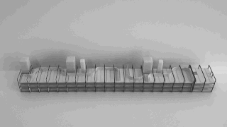 Ein Graustufenmodell einer Stadtskyline mit rechteckigen weißen Blöcken unterschiedlicher Höhe, die in einem schwarzen Drahtgitterrahmen angeordnet sind.