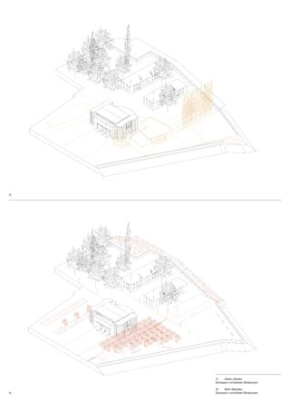 Zwei architektonische Lagepläne zeigen einen Gebäudekomplex mit Bäumen; der untere Plan fügt einem Teil der Landschaft schattierte Elemente und ein Gittermuster hinzu.