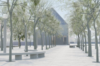 Ein gepflasterter Platz mit gleichmäßig verteilten Baumreihen, geschwungenen Betonbänken und einem modernen Glasgebäude im Hintergrund.