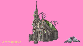 Illustration einer Kirche im gotischen Stil mit Klettergriffen und Menschen, die die Wände hochklettern, darüber fliegen Vögel, in der Nähe sitzen zwei Tauben und auf rosa Hintergrund das Wort „Kletterkirche“.