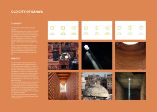 Ein Informationsplakat über die Altstadt von Sanaa enthält Lagepläne, Text in deutscher Sprache sowie Fotos von architektonischen Details und Stadtansichten.
