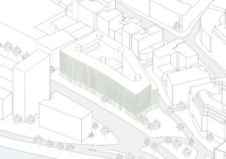 Axonometrische Zeichnung eines mehrstöckigen, rechteckigen Gebäudes mit vier Dachaufbauten, umgeben von Straßen, Bäumen und Nachbargebäuden.