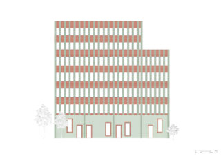 Architektonische Ansicht eines rechteckigen, mehrstöckigen Gebäudes mit abwechselnd roten und weißen horizontalen Bändern, großen Fenstern und drei Bäumen davor.