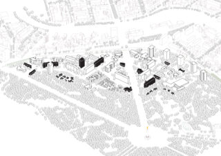 Isometrische Karte eines Campus mit schwarz hervorgehobenen Gebäuden zwischen vielen umrissenen Strukturen, umgeben von Bäumen und Straßen, mit einem kreisförmigen Denkmal unten in der Mitte.