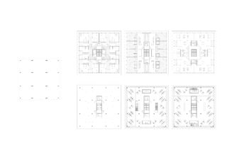Sechs architektonische Grundrisse eines quadratischen Gebäudes, die unterschiedliche Grundrisse mit Räumen, Wänden und Strukturelementen zeigen, die um einen zentralen Kern angeordnet sind.