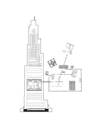 Architektonische Schnittzeichnung eines mehrstöckigen Gebäudes mit detaillierten Grundrissen, Raumaufteilungen und gestrichelt dargestellten angrenzenden Baukörpern.