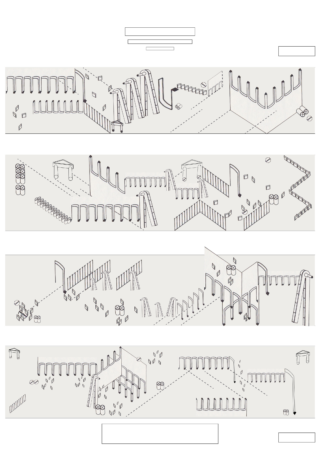 Isometrische Diagramme eines Spielplatzlayouts mit Rutschen, Klettergerüsten und verschiedenen Spielgeräten, die in Sequenzen auf vier Tafeln angeordnet sind.