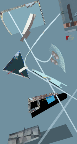 Eine digitale Collage aus abstrakten geometrischen Formen und architektonischen Elementen, angeordnet auf einem gedämpften blaugrauen Hintergrund mit sich kreuzenden weißen Linien.