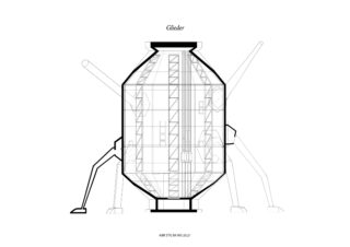 Schwarzweiße technische Zeichnung eines Raumfahrzeuglanders mit der Bezeichnung „Glieder“, die strukturelle Details und ausgefahrene Landebeine zeigt.