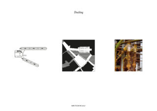 Drei Bilder mit der Beschriftung „Docking“: ein Liniendiagramm eines Roboterarms, eine pixelige digitale Grafik einer Maschine und ein Foto einer mechanischen Struktur mit Drähten und Holz.