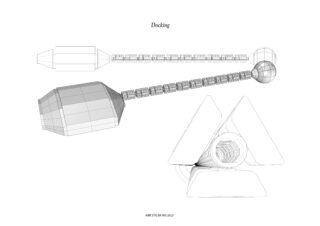 Technische Strichzeichnung von zwei Raumfahrzeugen, die sich auf das Andocken vorbereiten. Sie zeigt eine Seiten- und Rückansicht mit geometrischen, modularen Komponenten und der Beschriftung „Andocken“ oben.
