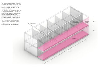 Axonometrische Darstellung eines Gebäudeabschnitts mit zweigeschossiger Struktur, durchlässiger Fassade und rosa hervorgehobenen Terrassenflächen, links mit beschreibendem Text.