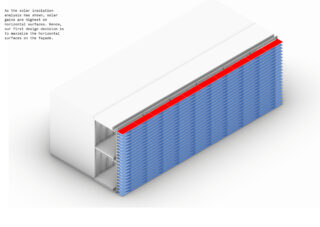3D-Architekturdiagramm, das ein Gebäude mit blauen vertikalen Lamellen und einer roten horizontalen Fläche an der Fassade zeigt und die Betonung auf der Minimierung horizontaler Flächen verdeutlicht.