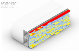 3D-Darstellung einer Gebäudefassade, die in gleich große Paneele unterteilt ist, wobei die roten, gelben und blauen Segmente so angeordnet sind, dass die Sonneneinstrahlung optimiert wird, wie im Overlay-Text beschrieben.