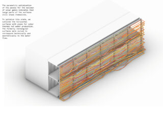 3D-Darstellung eines rechteckigen Gebäudes mit gebogenen, parallelen orangefarbenen und gelben Paneelen auf einer Seite, das für eine optimale Platzierung der Solarpaneele und einen effizienten Wasserfluss ausgelegt ist.