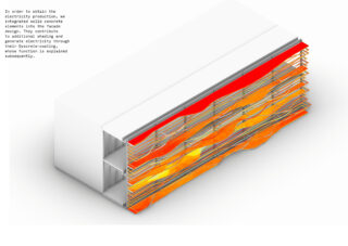 Isometrische Ansicht einer Gebäudefassade mit integrierten Massivbetonelementen und geschichteten, orangefarbenen Paneelen zur Beschattung und Stromerzeugung.