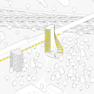 Axonometrische Zeichnung eines geschwungenen, mehrstöckigen Gebäudes mit gelb hervorgehobenen Fenstern neben einem Bahngleis und umgeben von Bäumen und anderen Gebäuden.