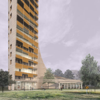 Modernes Hochhaus mit gelben Akzenten, angrenzendes niedriges Gebäude, Menschen, die auf einer Rasenfläche gehen und stehen, und mehrere Bäume im Vordergrund.