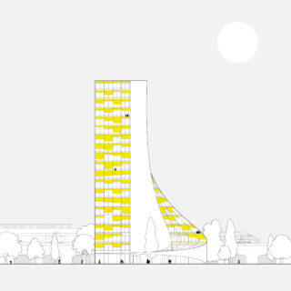Minimalistische Architekturillustration eines hohen, geschwungenen Gebäudes mit gelben Akzenten an den Fenstern, umgeben von Bäumen und Menschen, unter einer großen Sonne am Himmel.
