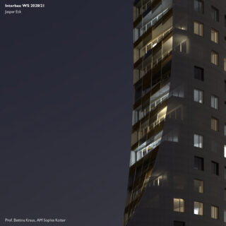 Ein modernes Hochhaus mit beleuchteten Fenstern bei Nacht vor einem dunklen Himmel. Der Text in der oberen linken Ecke nennt Jasper Eck und die Professoren.