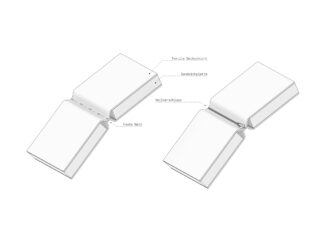 Zwei technische Zeichnungen eines faltbaren Objekts mit beschrifteten Teilen in deutscher Sprache: textile Außenschicht, Kernplatte, Reißverschluss und feste Naht.