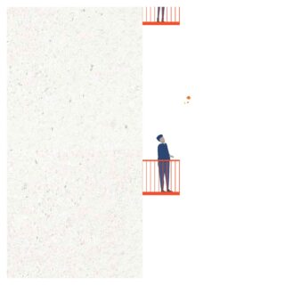 Eine Person steht auf einem Balkon und blickt zu einem weiteren Balkon hinauf. Zwischen ihnen schwebt auf weißem Hintergrund eine kleine Herzform.