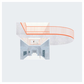 Minimalistische Architekturillustration mit zwei Ebenen: einem oberen Stockwerk mit orangefarbenem Geländer und einem unteren Stockwerk mit blauen Wänden, Kunstwerken und einer Treppe, alles auf einem hellen Hintergrund.