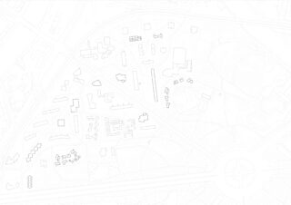 Schwarzweißer architektonischer Lageplan, der Gebäudegrundrisse, Straßen, einen Kreisverkehr und Grünflächen in einem Stadtgebiet zeigt.