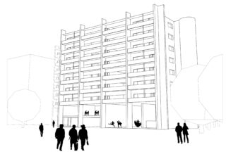 Strichzeichnung eines mehrstöckigen Wohnhauses mit Balkonen, umgeben von einigen Bäumen und im Vordergrund gehenden oder stehenden Menschen.