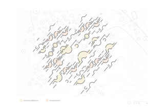 Diagramm, das eine Anordnung miteinander verbundener geometrischer Formen in Beige- und Gelbtönen zeigt, überlagert auf einer hellen topografischen Karte mit beschrifteten Zonen für Gemeinschafts- und Gruppenräume.