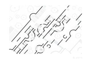 Schwarzweißer architektonischer Grundriss mit geschwungenen und geraden Wänden, runden Räumen, Schreibtischen, Sitzbereichen und umgebender Außenanlage mit Bäumen.