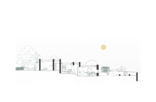 Eine architektonische Querschnittszeichnung eines einstöckigen Gebäudes zeigt Innenräume, Außenbereiche, Bäume und eine Sonne in einem minimalistischen Strichzeichnungsstil.