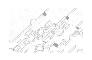 Axonometrische Architekturzeichnungen zeigen miteinander verbundene Räume, gebogene und gerade Wände, Treppen und kleine menschliche Figuren in einer minimalistischen Landschaft.