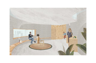 Ein moderner, offener Raum mit geschwungenen Wänden, in dem Erwachsene und Kinder miteinander interagieren; helle Texturen, Holzoberflächen, große Fenster und Zimmerpflanzen sind vorhanden.
