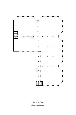 Schwarzweißer architektonischer Grundriss des Erdgeschosses eines Gebäudes mit L-förmigem Grundriss, Säulen, Treppen und der Beschriftung „Grundriss Erdgeschoss“ am unteren Rand.