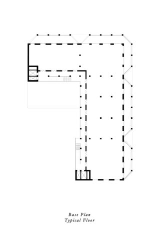 Schwarzweißer architektonischer Grundriss in L-Form mit der Bezeichnung „Basisplan, typisches Stockwerk“ und markierten Wänden, Säulen, Türen und Treppenhäusern.