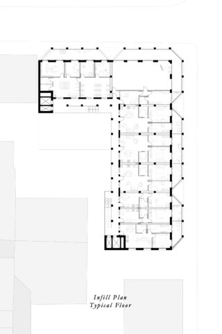Schwarzweißer architektonischer Grundriss mit der Bezeichnung „Infill Plan Typical Floor“, der mehrere Räume, Korridore und Treppenhäuser in einem L-förmigen Gebäudegrundriss zeigt.