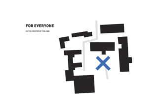 Abstrakte schwarze Formen auf weißem Hintergrund ähneln einem Grundriss, wobei ein blaues „X“ einen Punkt markiert und der Text „FÜR ALLE IM ZENTRUM DES ABK“ lautet.