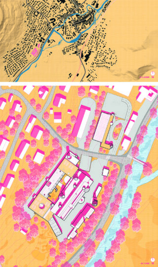 Zwei farbige Karten: Die obere zeigt einen Stadtplan mit Straßen, Gebäuden, Fluss und Gelände; die untere ist ein detaillierter Lageplan mit Gebäuden, Straßen, Bäumen und einem Fluss.