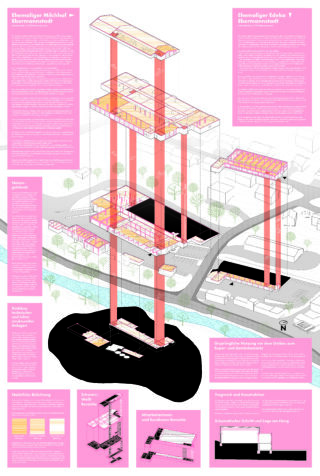 Ein Architekturdiagramm visualisiert eine mehrstufige Gebäudestruktur mit detaillierten Anmerkungen und Abschnitten. Dabei werden Rosa- und Schwarztöne verwendet, um Komponenten hervorzuheben, und es gibt erklärenden Text auf Deutsch.