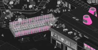 Axonometrische Zeichnung eines Gebäudekomplexes mit einer rosa umrandeten Gewächshausstruktur, Sitzgelegenheiten auf dem Dach, verstreuten Möbeln, Wegen und umgebender Grünanlage.
