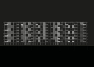 Aufrisszeichnung eines modernen, mehrstöckigen Gebäudes mit gitterartiger Fassade und abwechslungsreichen Fenstermustern, dargestellt vor einem dunklen Hintergrund.