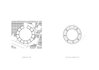 Nebeneinanderliegende Architekturpläne: links zeigt Nilüfer Han im Iran (1748), rechts Norman Fosters Apple Park (2017). Beide sind kreisförmig, der umgebende Standortkontext ist angegeben.