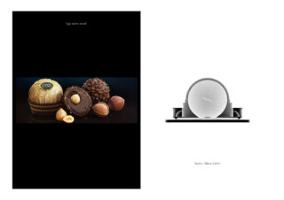 Links ein Foto verschiedener Pralinen und Haselnüsse von Ferrero Rocher, rechts ein Graustufenbild eines runden Objekts auf einem Tablett.
