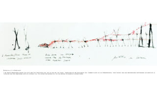 Eine minimalistische Skizze zeigt zwei Gruppen großer, stabförmiger Figuren, die durch eine horizontale rote Linie verbunden sind, darunter handschriftliche Notizen und Unterschriften in deutscher Sprache.