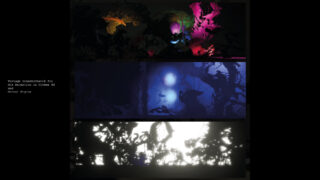 Drei horizontale Tafeln zeigen abstrakte, organische Formen in dunklen Tönen mit farbiger Beleuchtung: oben in Rosa und Gelb, in der Mitte in Blau und unten in Schwarz und Weiß. Links steht der deutsche Text.