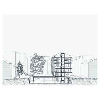 Architektonische Schnittzeichnung eines mehrstöckigen Gebäudes mit sichtbaren Innendetails, angrenzenden Bäumen und umgebenden städtischen Strukturen im Hintergrund.