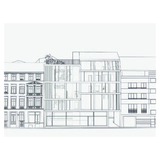 Architektonische Schnittzeichnung eines modernen mehrstöckigen Gebäudes mit Innenaufteilung und strukturellen Details, gelegen zwischen älteren und modernen angrenzenden Gebäuden.